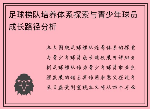 足球梯队培养体系探索与青少年球员成长路径分析