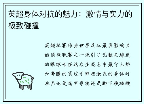 英超身体对抗的魅力:激情与实力的极致碰撞